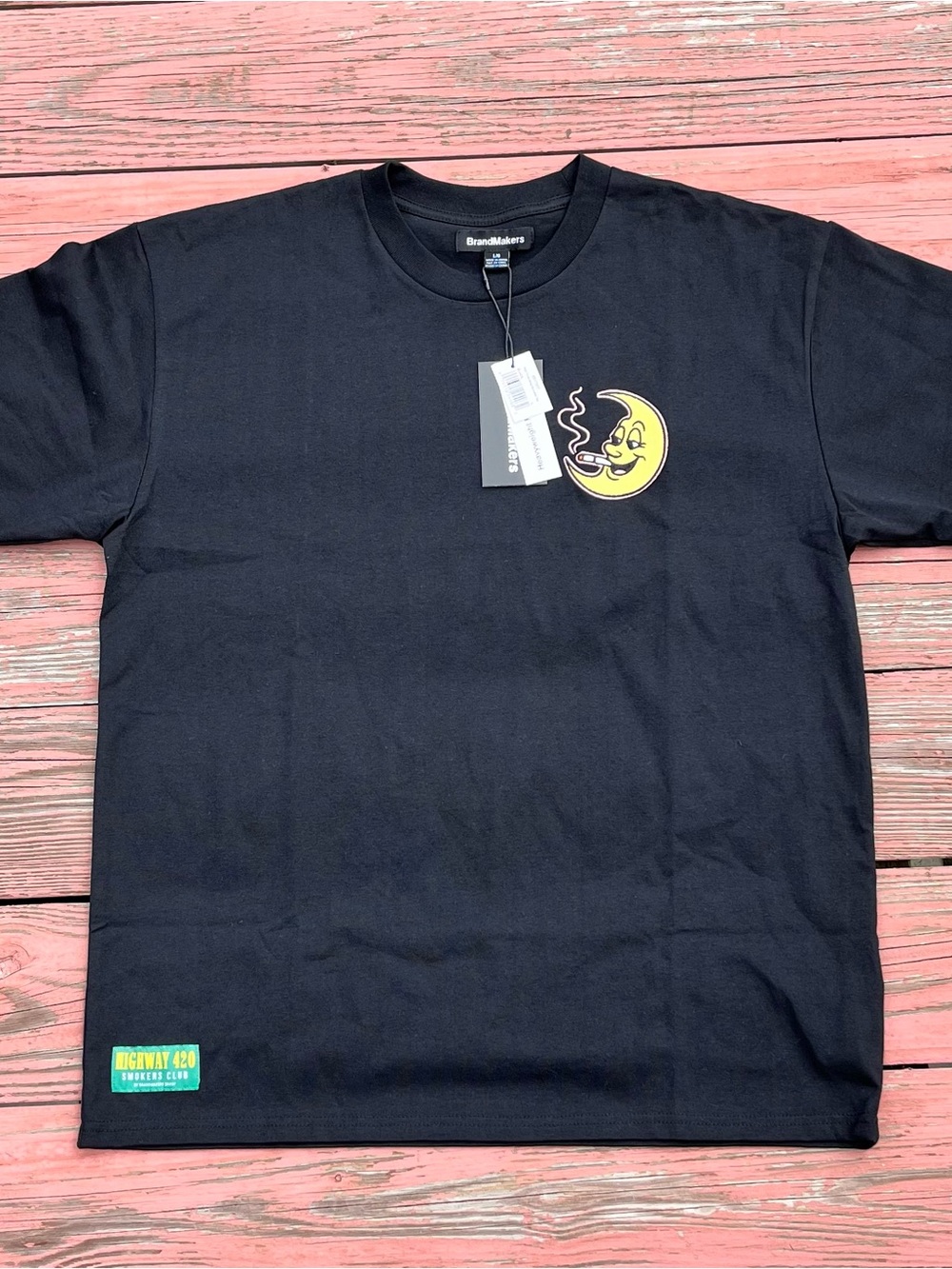 Black Short Sleeve Tee with Yellow Smiling Moon Graphic